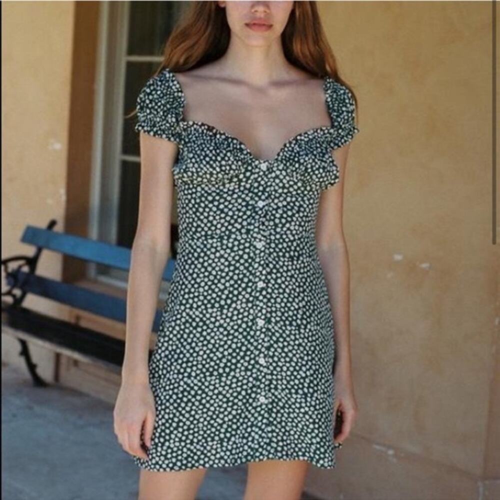 With Jéan Isabelle Mini Dress Green Floral ditzy ruffle romantic summer size xs